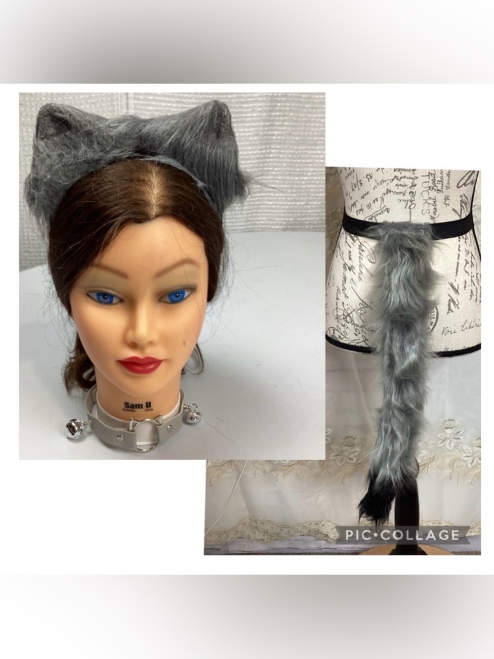 Gray and Black Cat Halloween Costume Tail, Ears And Choker Necklace NEW!